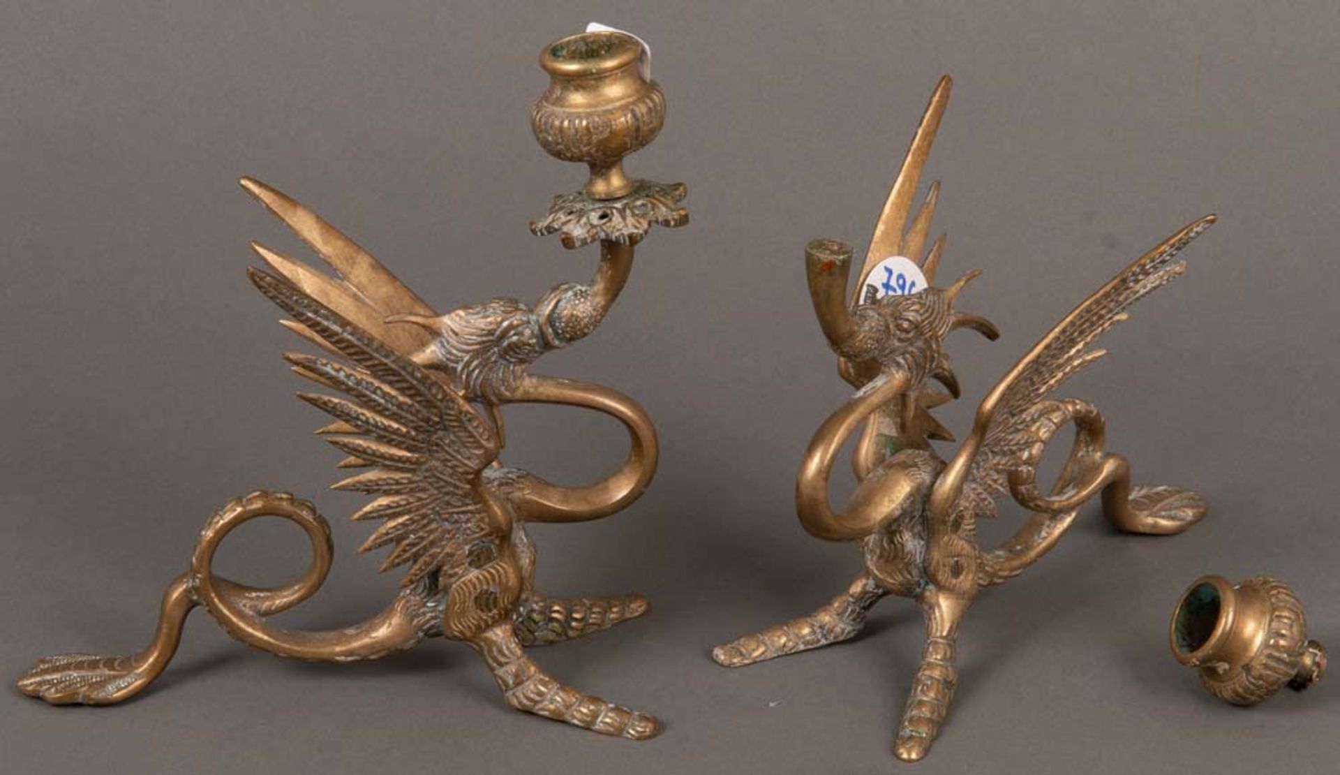 Paar Drachenleuchter. Deutsch um 1900. Bronze, H=18 cm. (besch.)