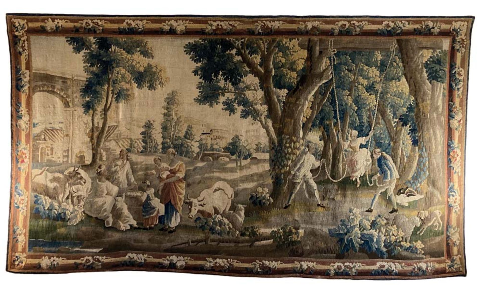 Tapisserie. Brüssel 18. Jh. Bildwirkerei in farbigen Seiden- und Wollgarnen, mit Leinen