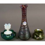 Vier Jugendstil-Vasen. Böhmen um 1900. Glas, teilw. lüstrierend, mit Aufschmelzungen, H=6 bis 33 cm.