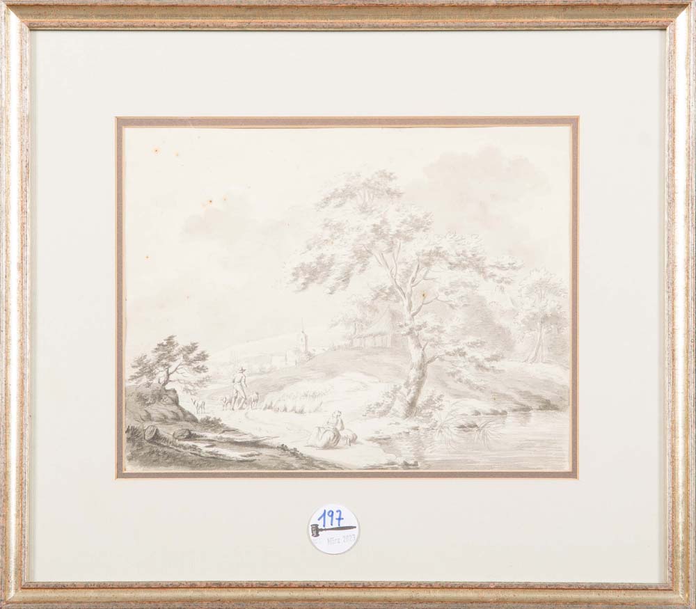 Willem Gerrit van Ulsen (1762-1830) attrib. Landschaft mit Schäfer am Fluss und im Hintergrund ein