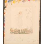 Hans Christiansen (1866-1945). Mädchen auf Blumenwiese, darunter Skizze von spielenden Kindern.
