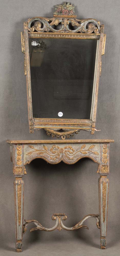 Konsole und Spiegel. Frankreich um 1800. Massivholz, geschnitzt, auf Kreidegrund bemalt, gold