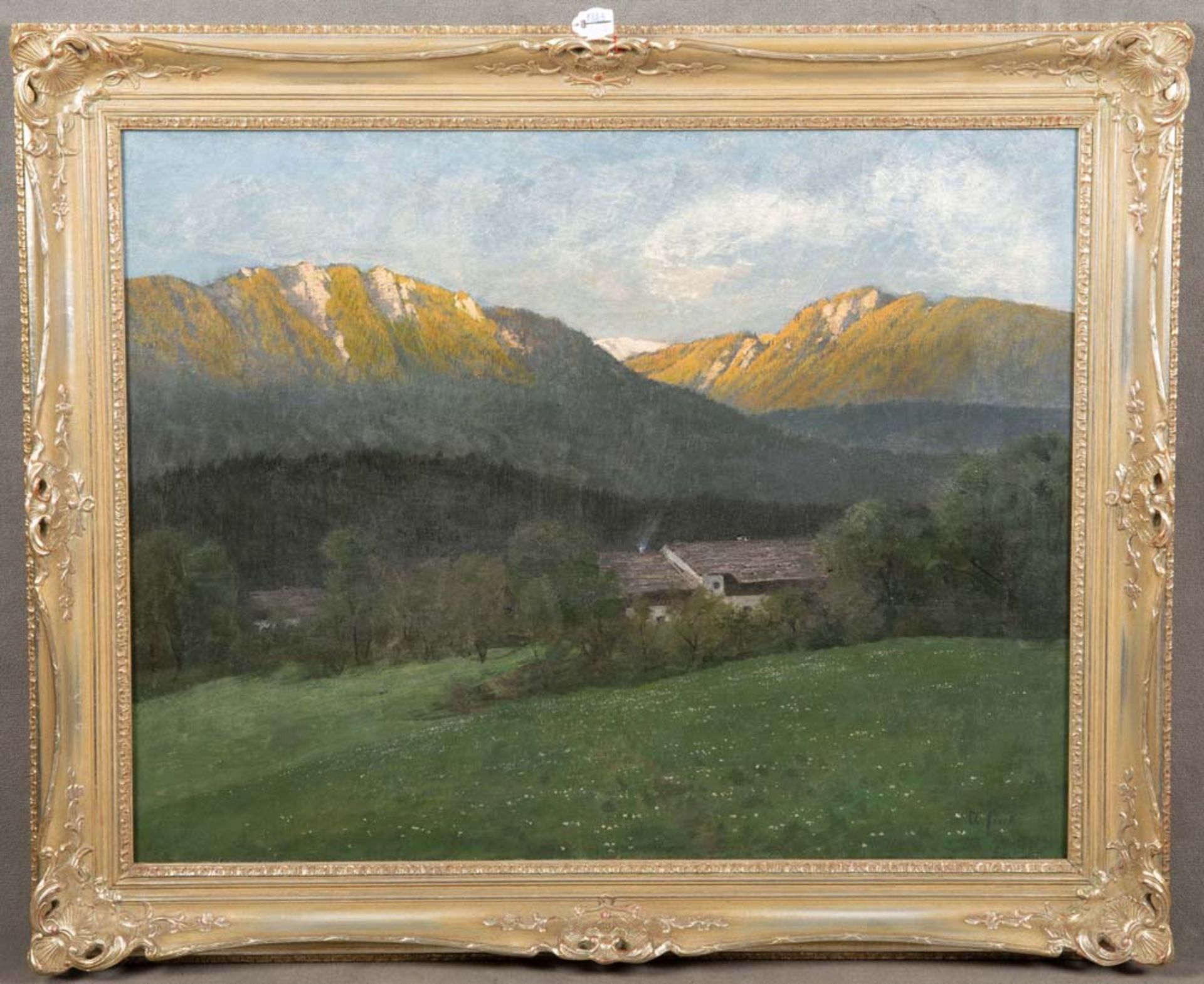 August Fink (1846-1916). Gebirgslandschaft mit Wiese und Gebäude. Öl/Lw., re./u./sign., gerahmt,