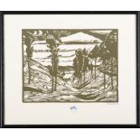 Ludwig Godewols (1870-1926). Gebirge, Wald mit Gebäuden. Linolschnitt, re./u./sign., hi./Gl./