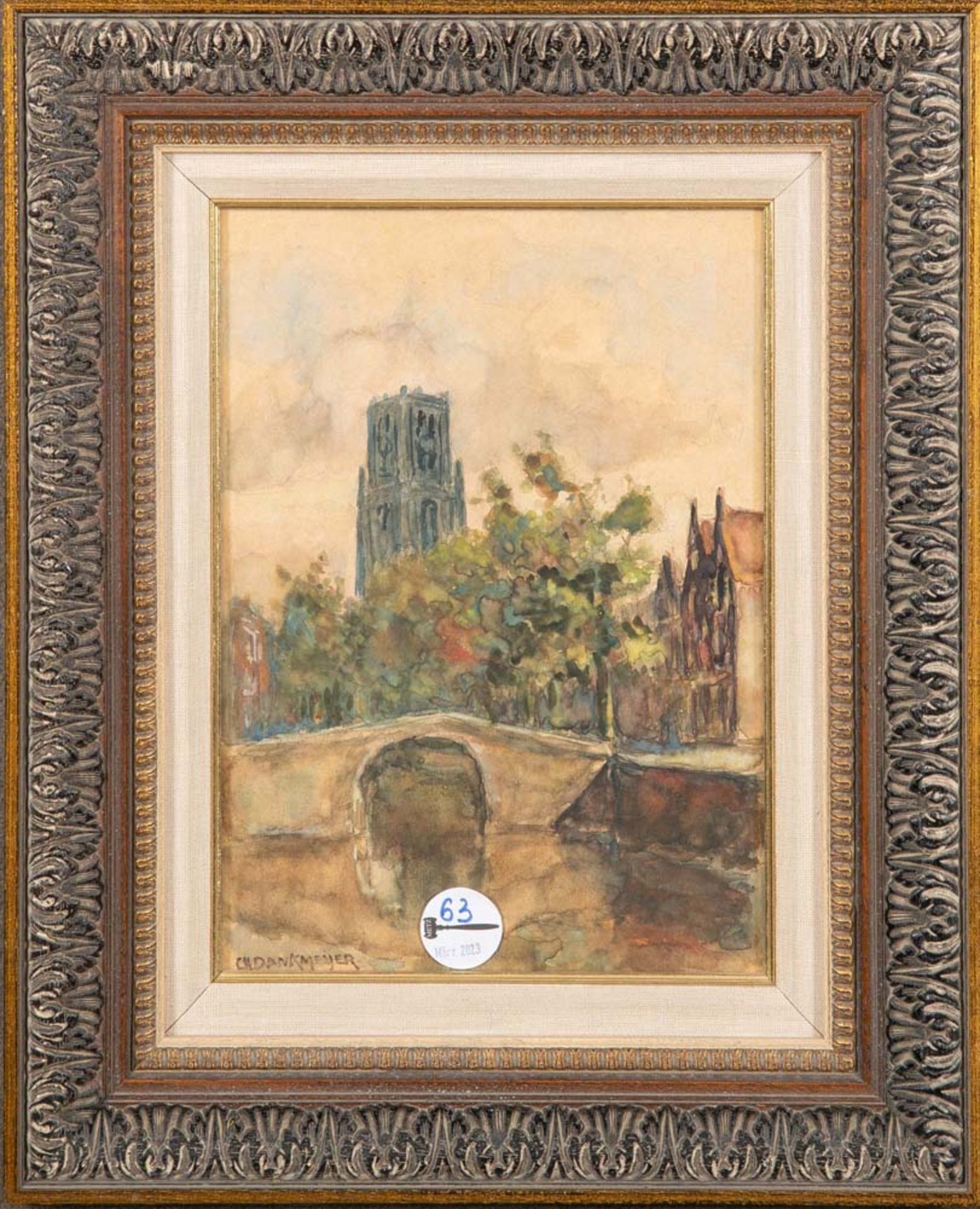 Carel Bernardus Dankmeijer (1861-1923). Stadtansicht mit Brücke, im Hintergrund Kirche. Aquarell,