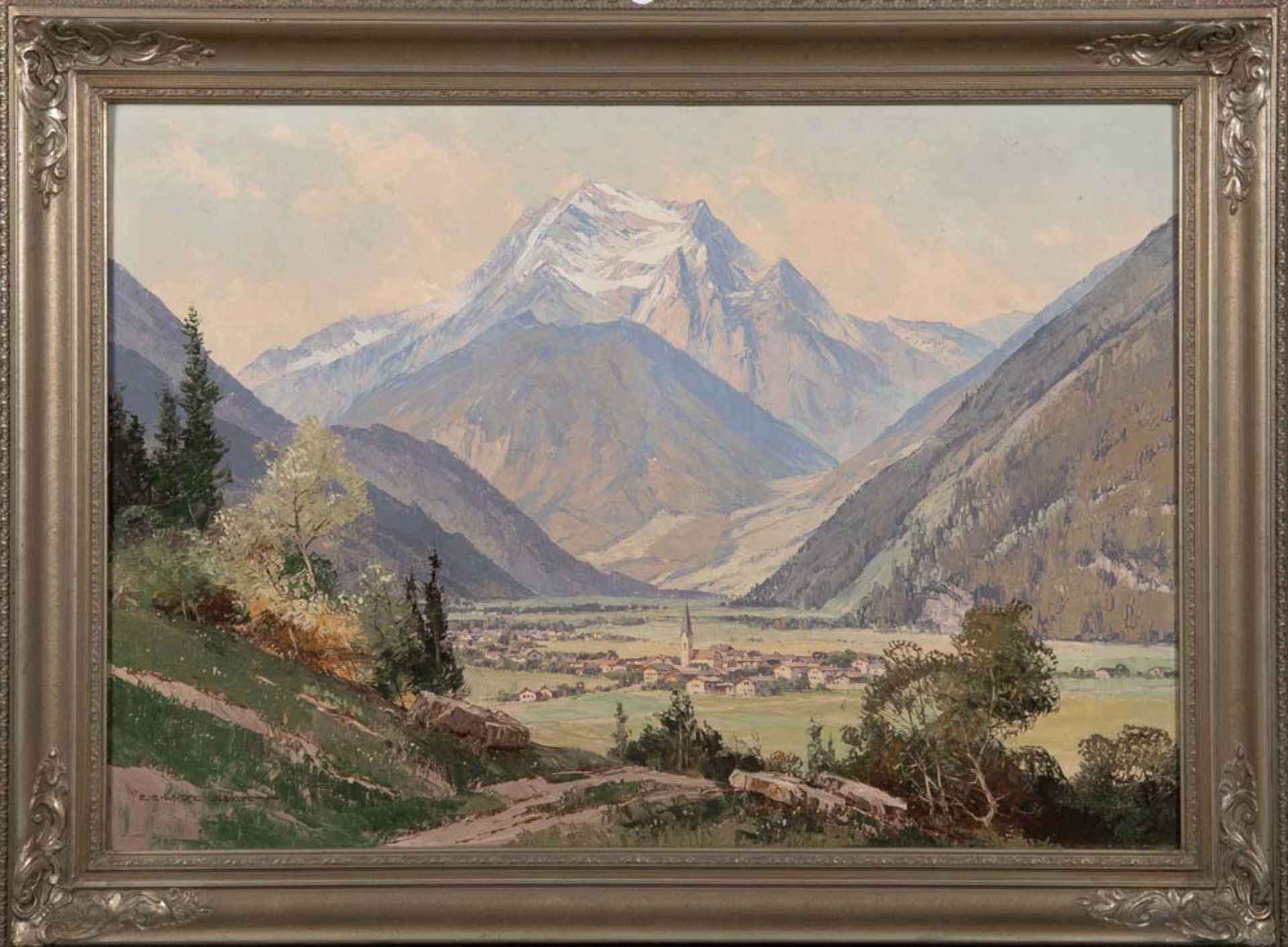 Ernst Carl Walter Retzlaff (1898-1976). Dorf im Tal, im Hintergrund Gebirge. Öl/Lw., li./u./sign.,