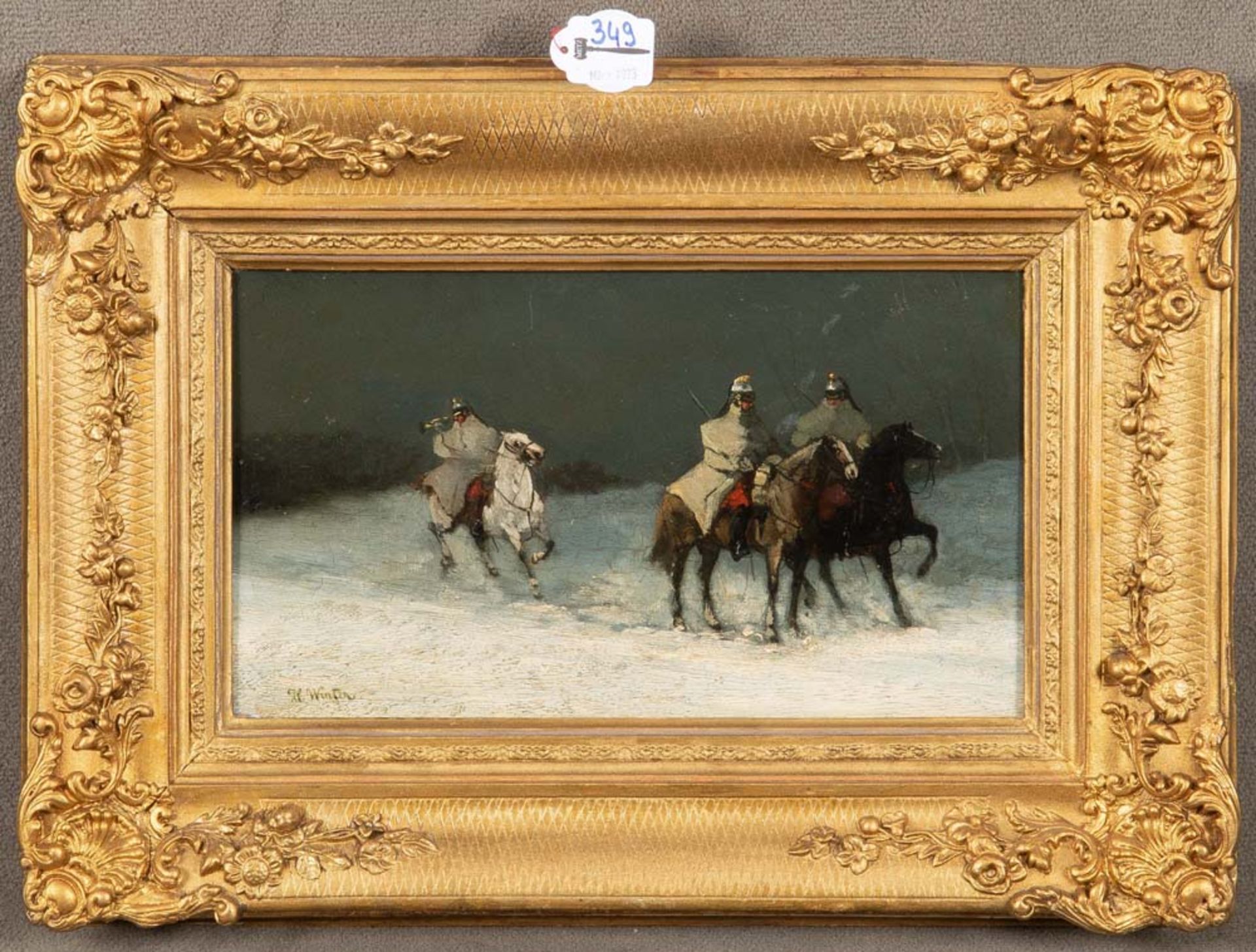 Hans Winter (1853-1944). Winterlandschaft mit Kavallerie. Öl/Holz, li./u./sign, gerahmt, 17 x 30 cm.