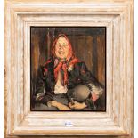 Peter Kalman (1877-1948). Portrait einer Frau mit Kopftuch und Krug. Öl/Holz, re./o./sign,