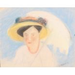 Maler des 20. Jhs. Damenportrait mit Hut und Sonnenschirm. Pastell, re./u./bez., 23 x 28,5 cm.
