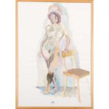 Maler des 20. Jhs. Frauenakt, stehend am Stuhl. Aquarell, hi./Gl./gerahmt, 92,5 x