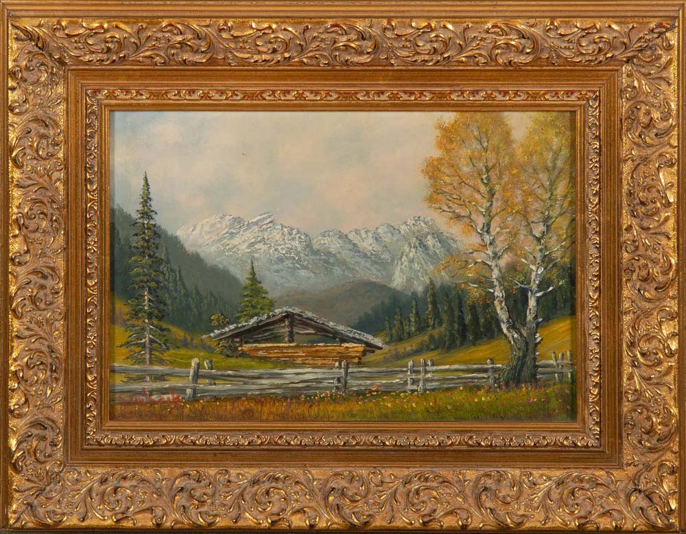 Alfred Dembeck (Maler des 20. Jhs.). Gebirgslandschaft mit Hütte, Wetterstein. Öl/Holz, li./u./