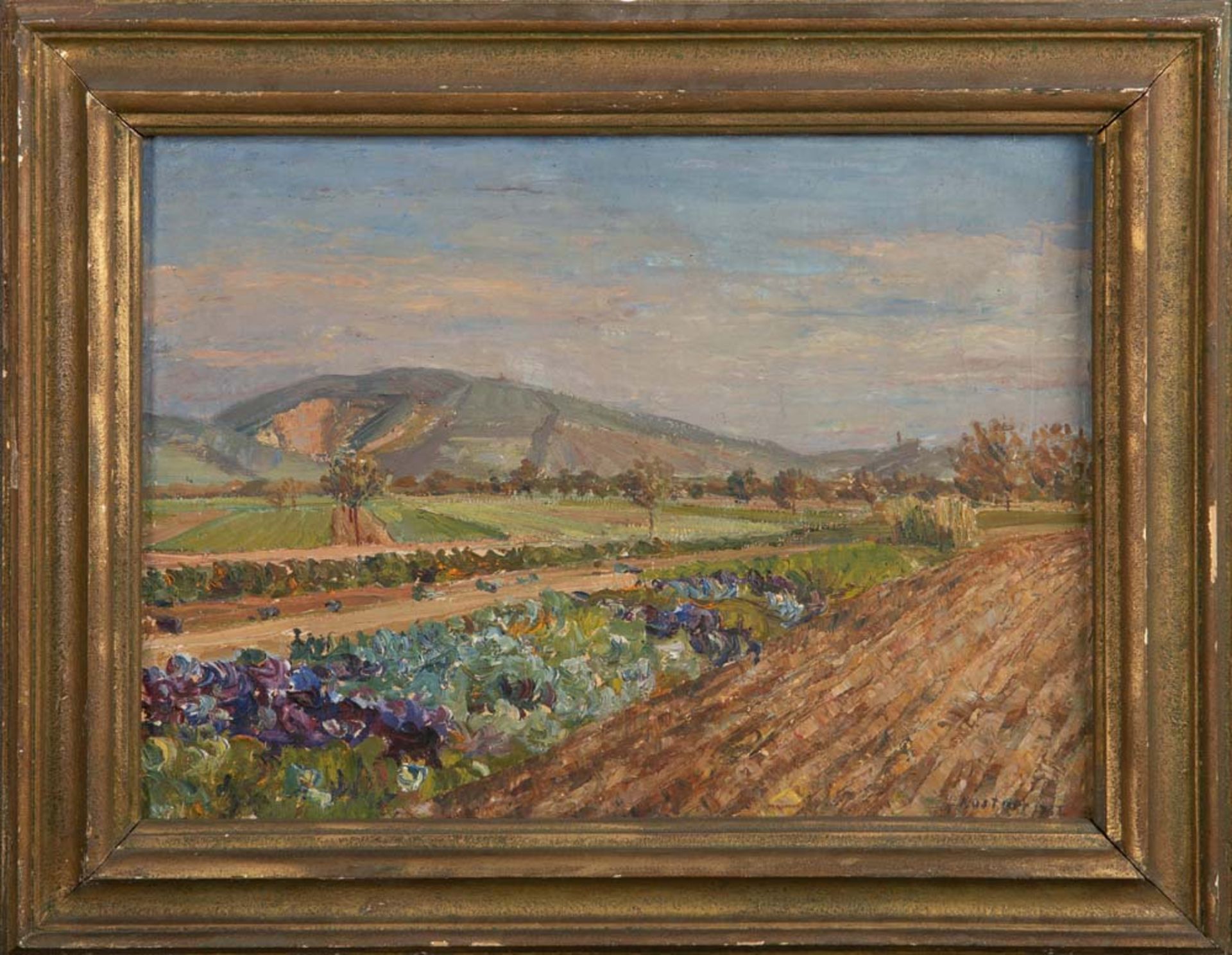 Karl Küstner (1861-1934) attrib. Landschaft mit Wiese und Ackerland, im Hintergrund Berge. Öl/Lw.,