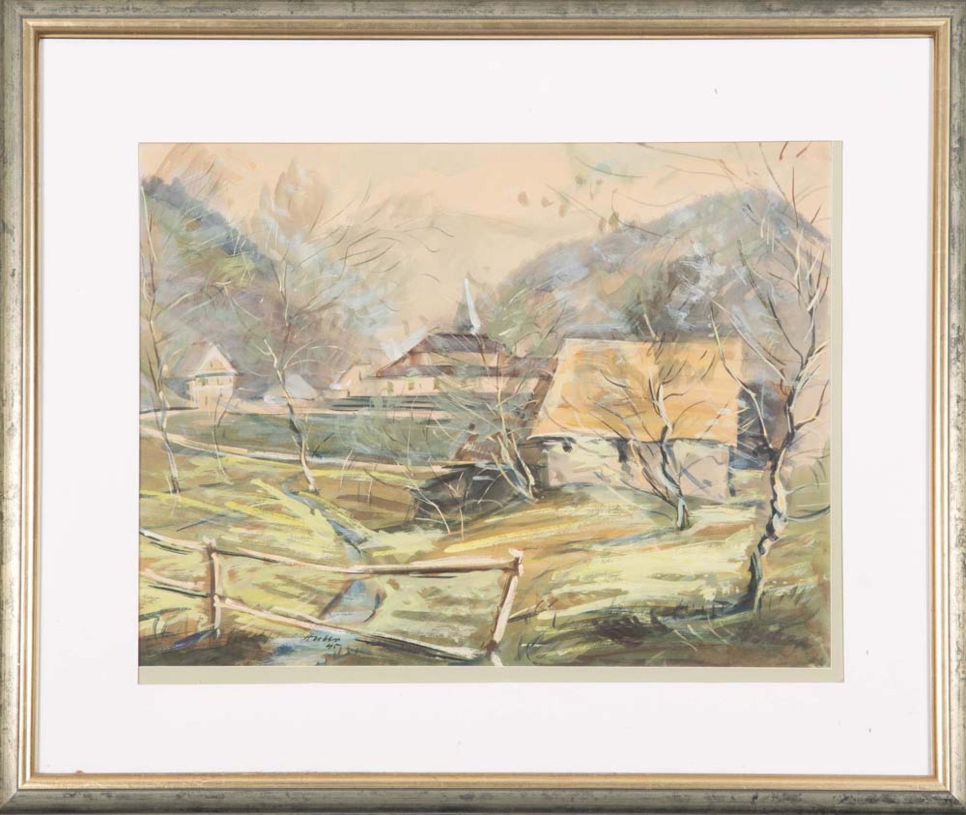 Huber (Maler des 20. Jhs.). Ansicht auf Dorf, im Hintergrund Gebirge. Mischtechnik, li./u./sign.,