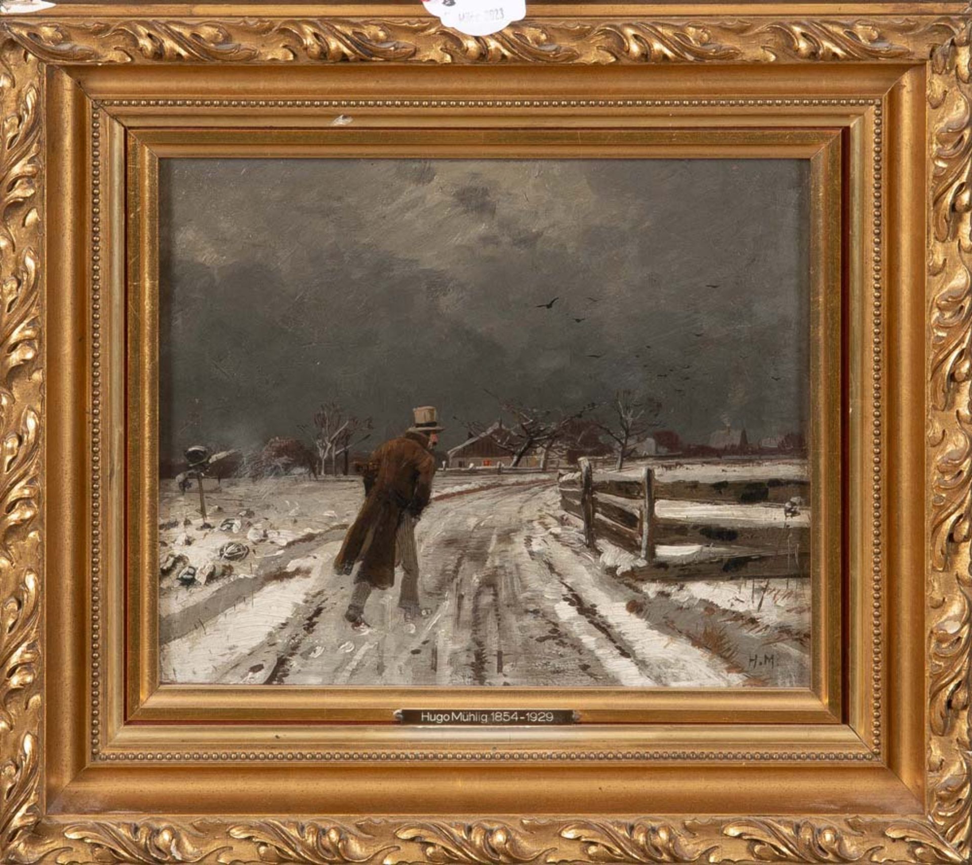 Hugo Mühlig (1854-1929) attrib. Herr mit Zylinderhut in Winterlandschaft. Öl/Holz, re./u./monogr.,