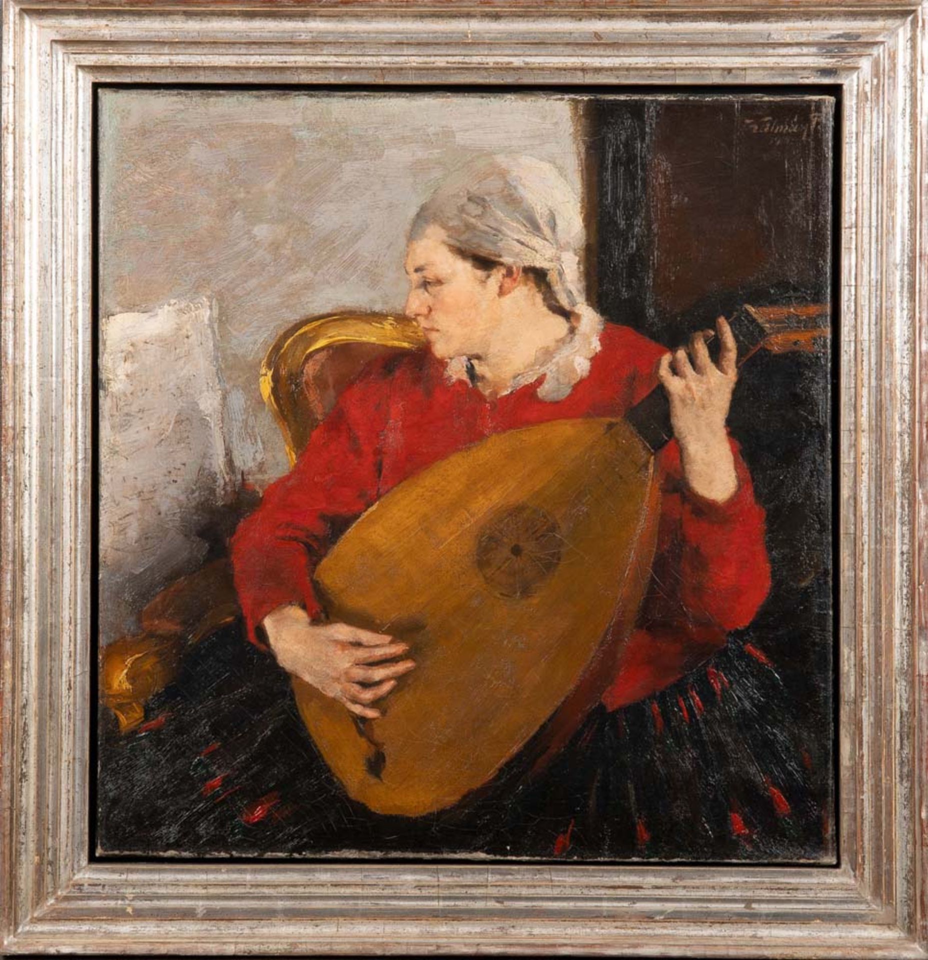 Peter Kalman (1877-1948). Sitzende Frau mit Mandoline. Öl/Lw., doubliert, re./o./sign., dat 1919, 72