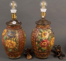 Paar Vasen. Lugano 20. Jh. Keramik, floral geritzt, bunt bemalt, am Boden gemarkt, zu Lampen