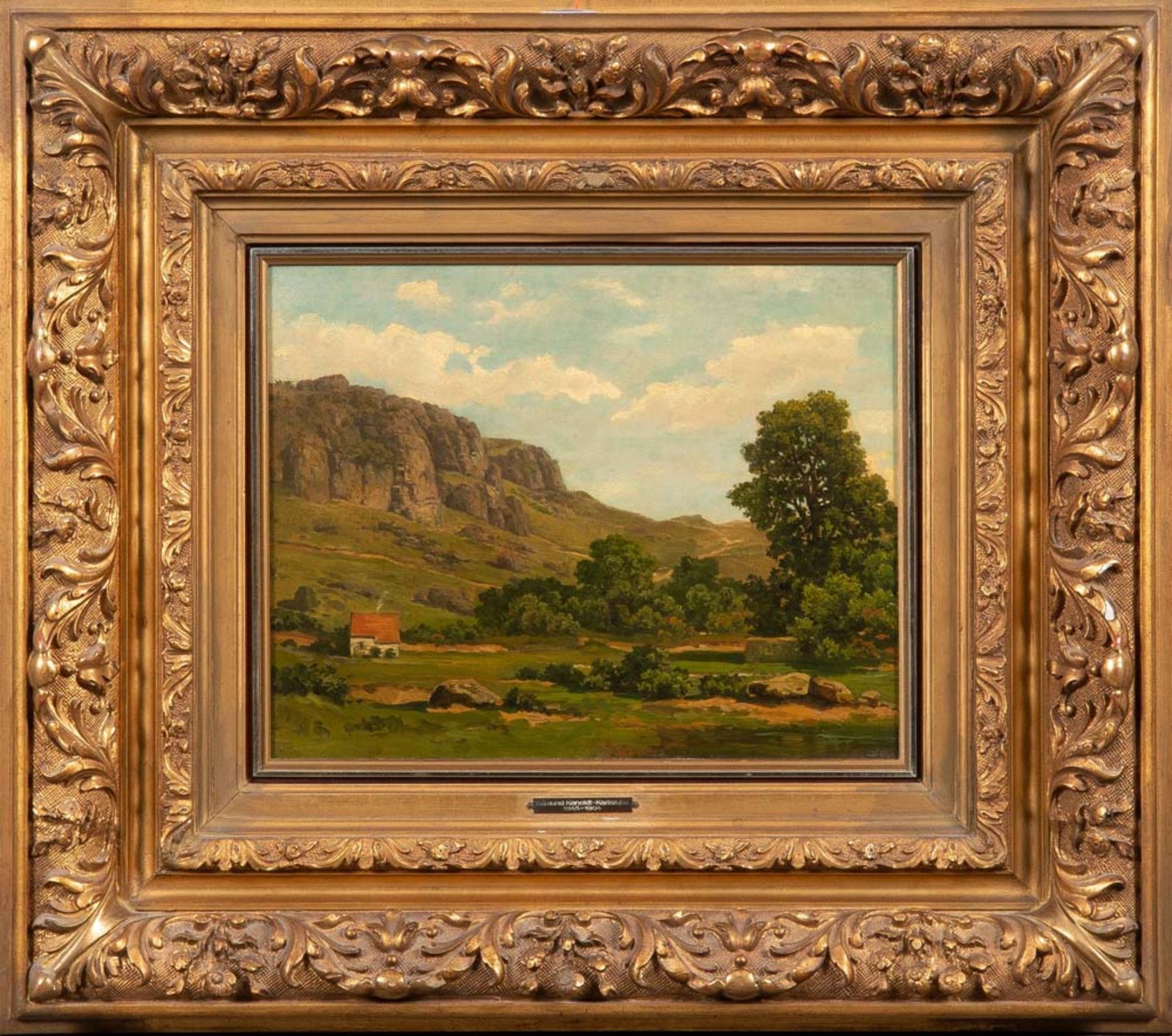 Edmundt Kanoldt (1845-1904) attrib. Landschaft mit Gebäude und Gebirge. Öl/Holz, gerahmt, 28,5 x