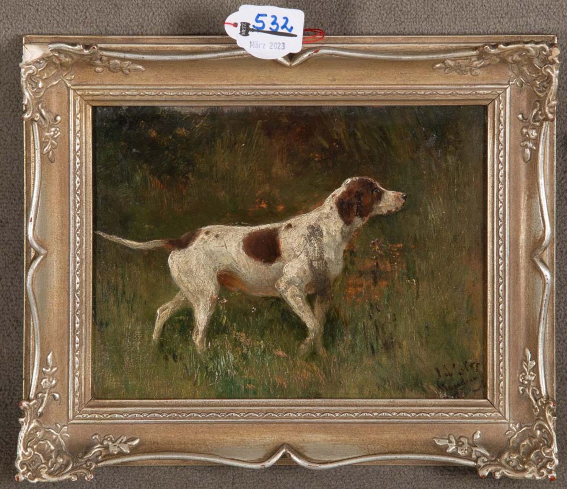 Friedrich Johann Voltz (1817-1886). Jagdhund auf der Wiese. Öl/Holz, re./u./sign., bez. München,