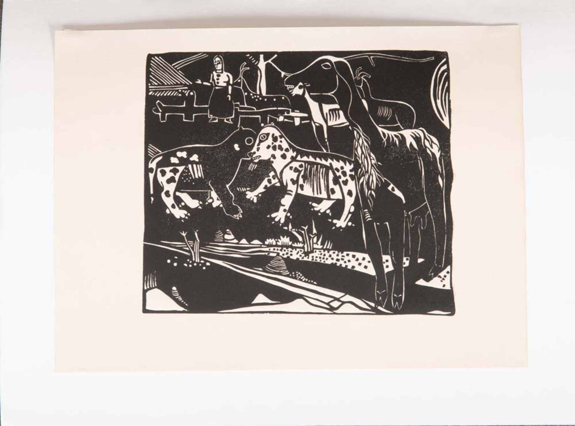 Heinrich Campendonk (1889-1957) attrib. Landschaft mit Ziegen und Wildkatzen. Holzschnitt, verso