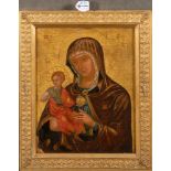 Ikone Mutter Gottes mit Kind. Südeuropa. Öl/Holz, gerahmt, verso Klebe-Etikett, 36,5 x 29 cm.