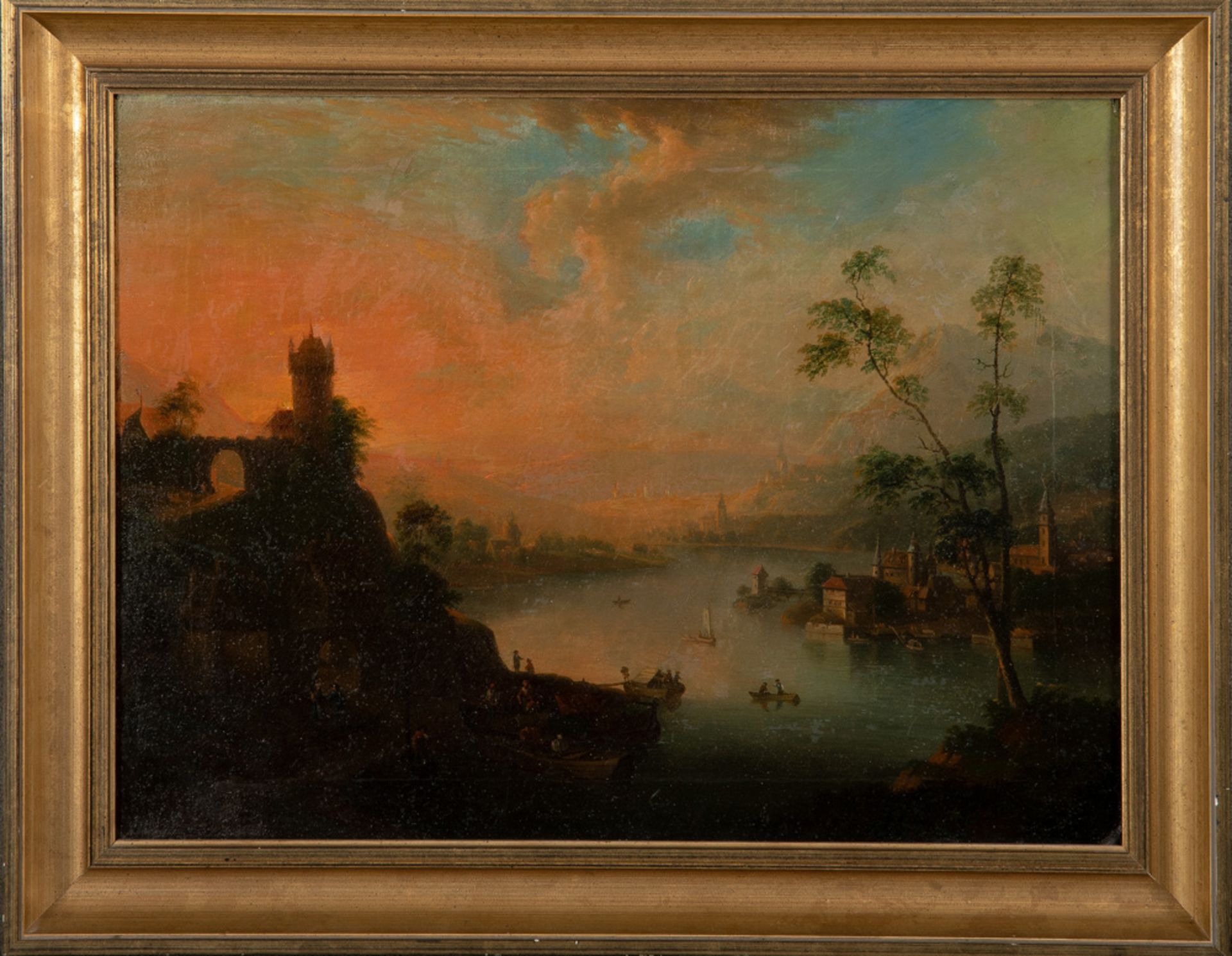 Maler des 19. Jhs. Flusslandschaft mit Burgruine und Stadtansicht. Öl/Lw., gerahmt, 38 x 51,5