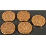 Fünf 50-Pesos Goldmünzen, ca. 209 g.