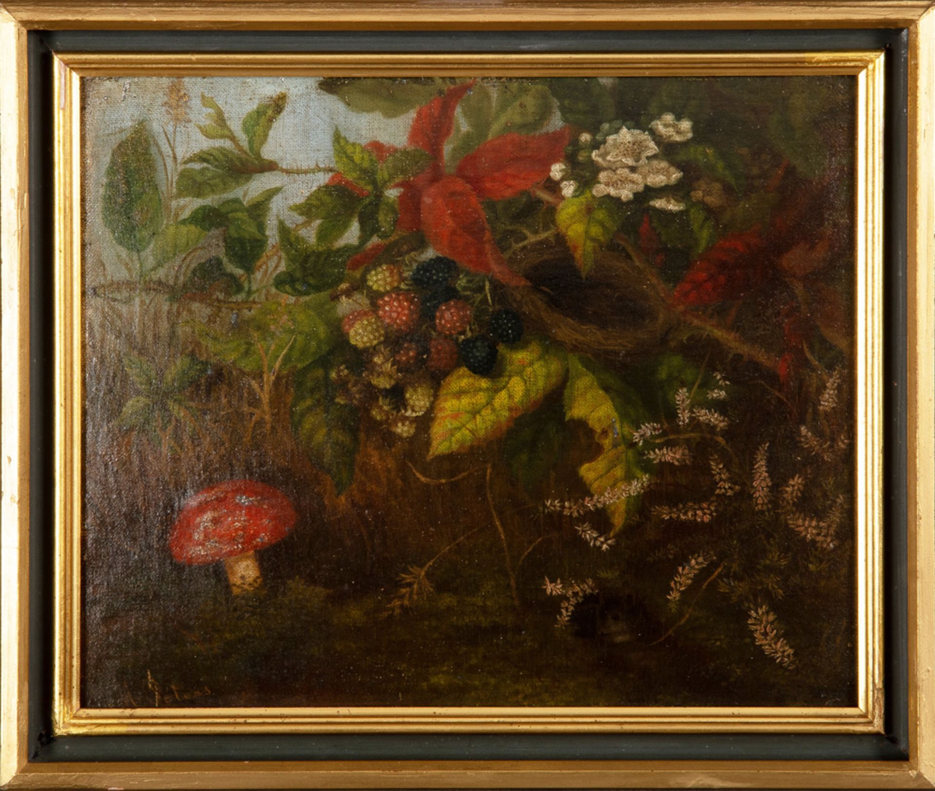 A. Peters (Maler des 19. Jhs.). Stillleben mit Blumen, Obst, Pilzen und Maus. Öl/Lw., doubliert,