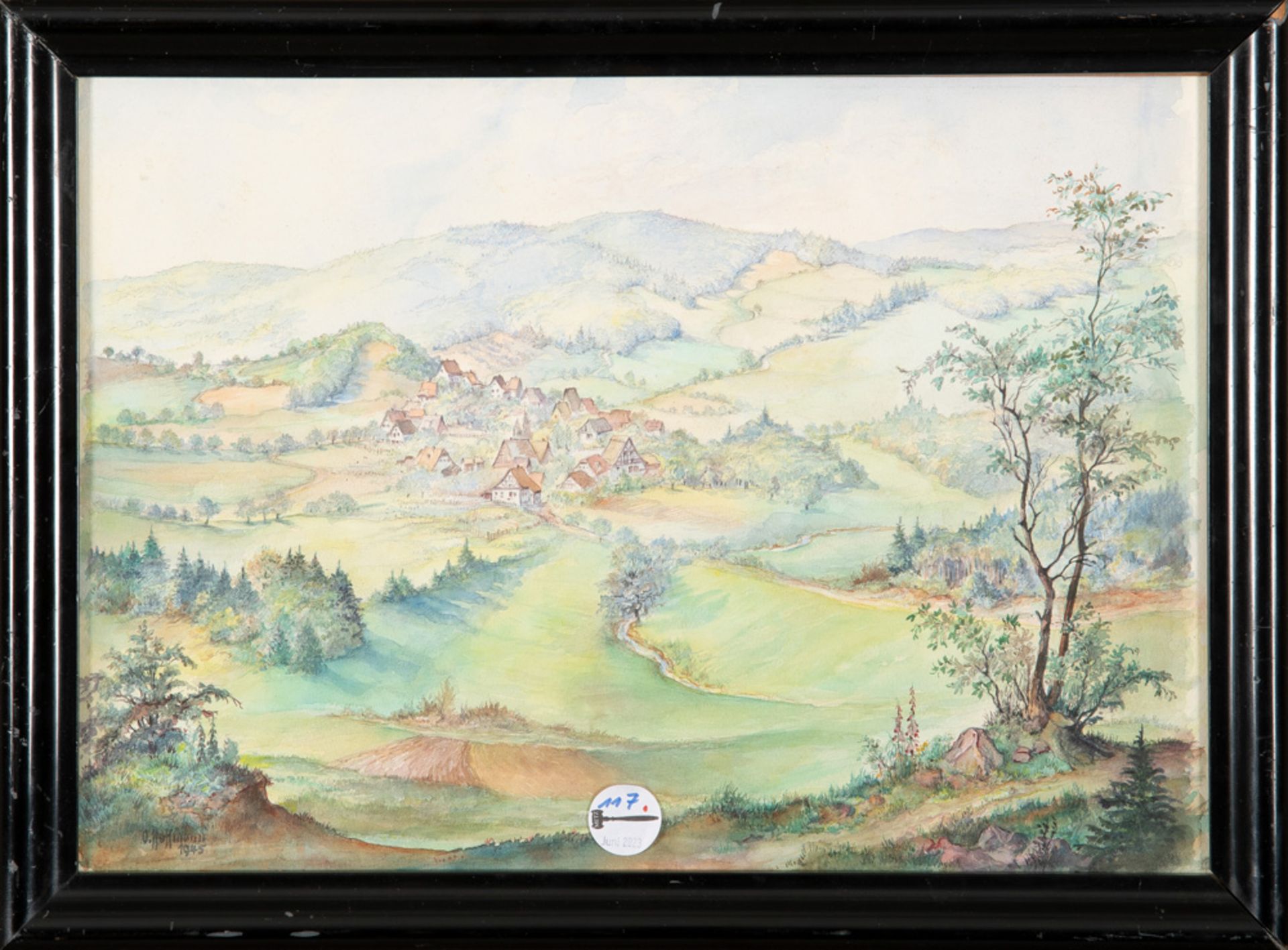 Otto Karl Hoffmann (1905-1963). Dorfansicht mit hügeliger Landschaft. Aquarell, li./u.//sign.,