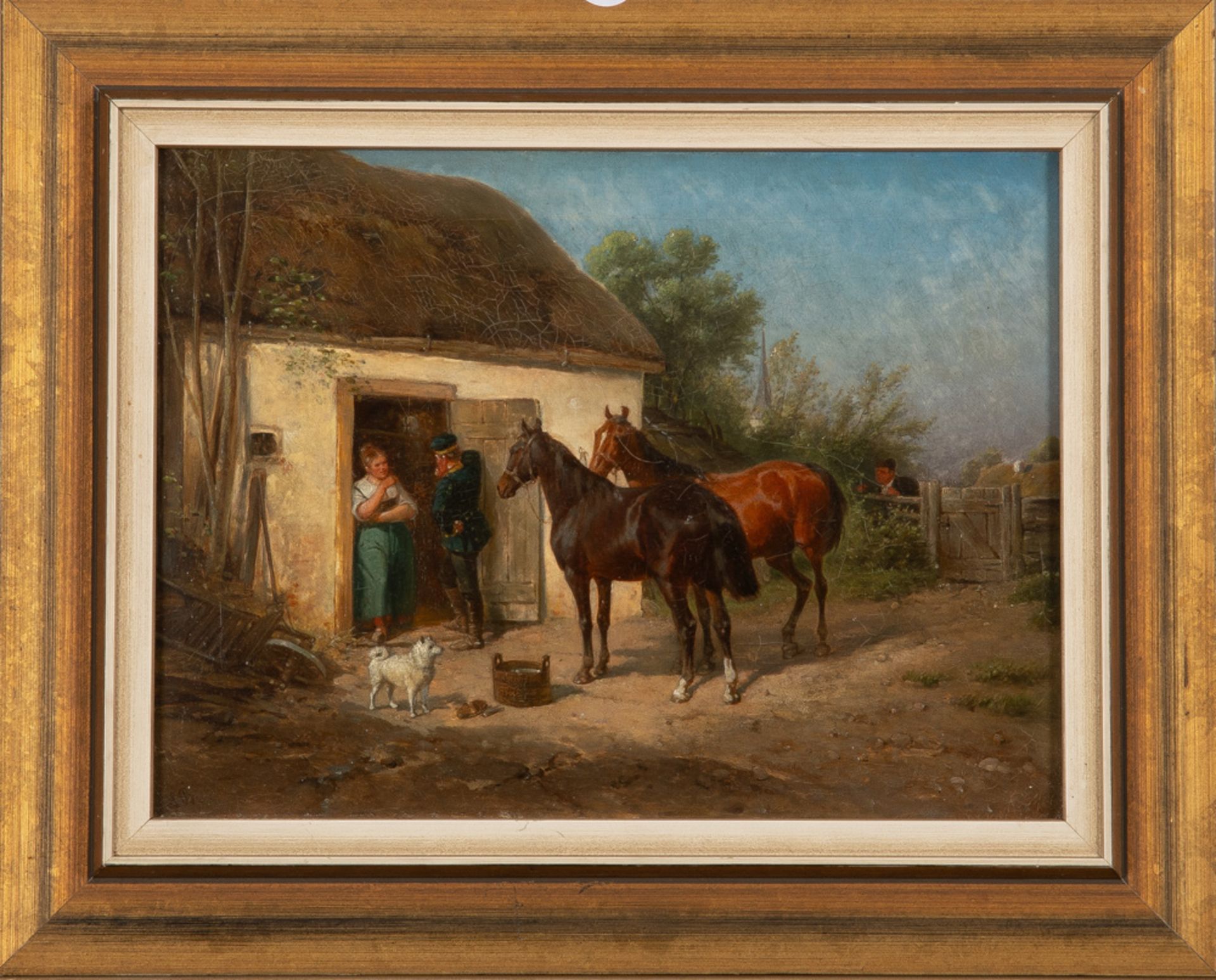 Ludwig Burger (1825-1884). Personen vor Gebäude mit Pferden und Hund. Öl/Lw., li./u./monogr.,