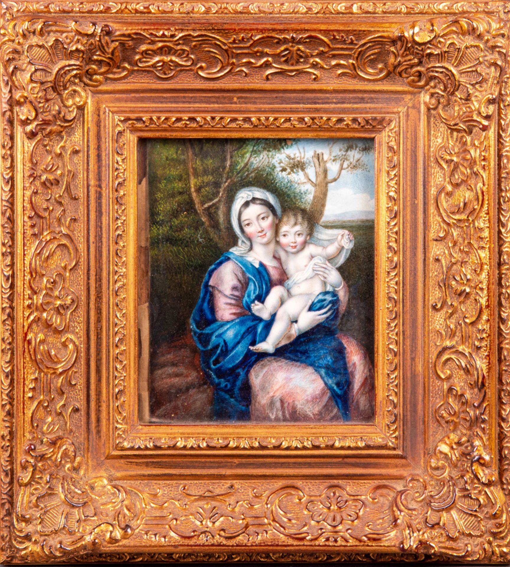 Französischer Maler des 18./19. Jhs. Mutter Gottes mit Kind. Öl/Tafel, gerahmt, 12,5 x 10 cm. (