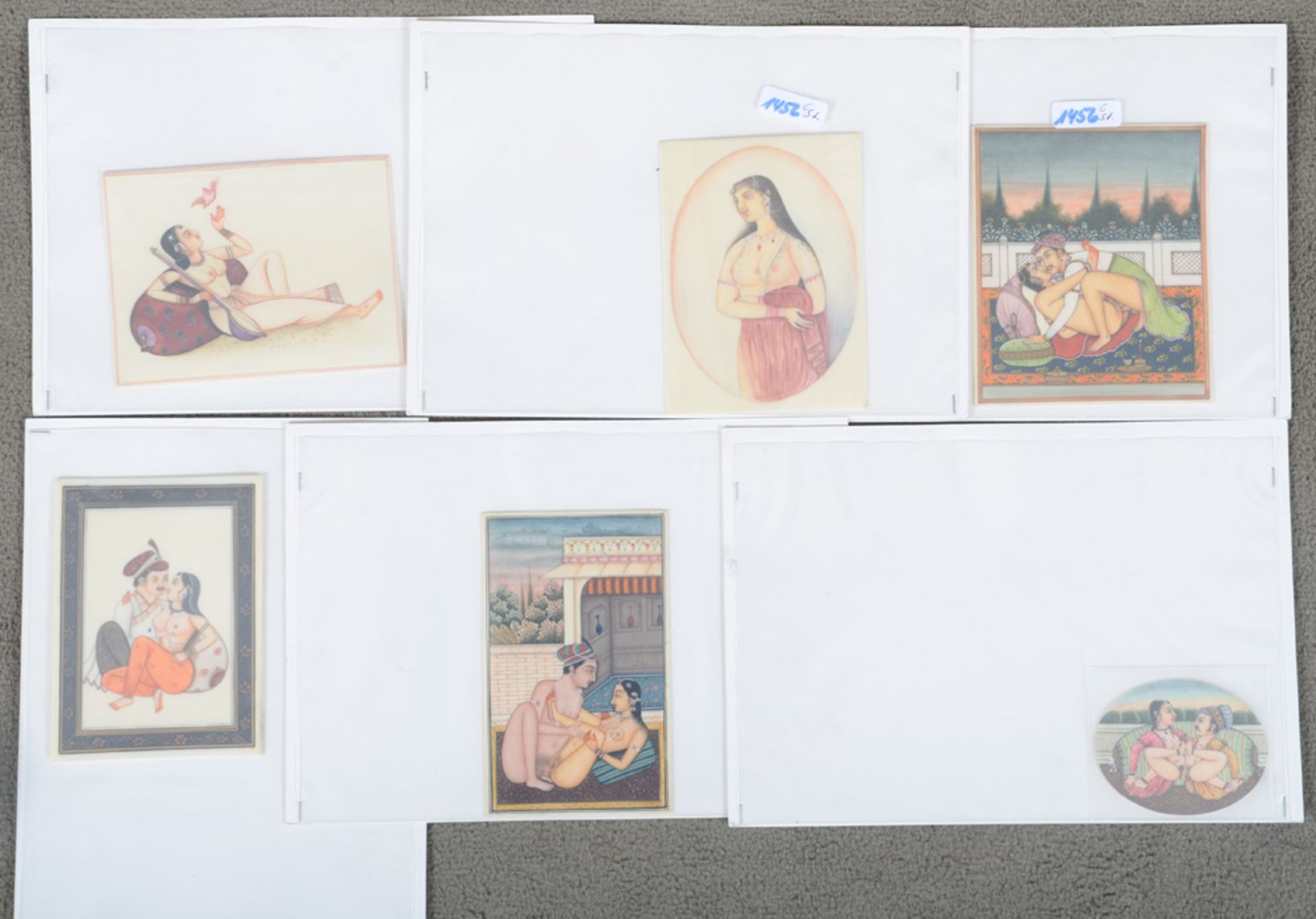 Sechs persische Miniaturen mit erotischen Darstellungen. Auf Platte, bunt bemalt, 8 x 10,5 bis 10,
