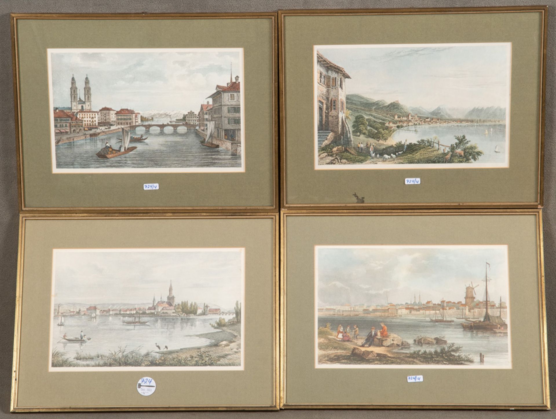 Graphiker des 19. Jhs. Stadtansichten an Fluss bzw. Bucht. Vier colorierte Stahlstiche, mit