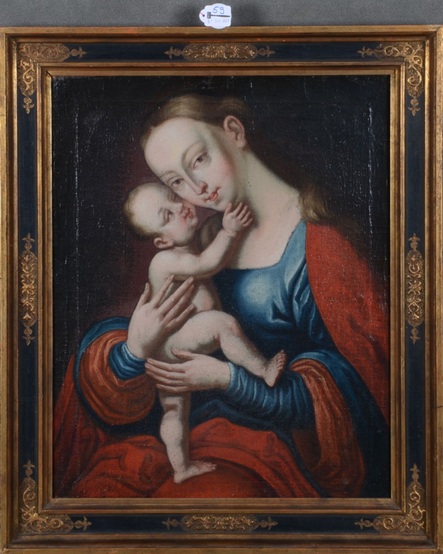 Unbekannter Meister des 17./18. Jhs. Muttergottes mit Kind. Öl/Lw., gerahmt, 54 x 43 cm.