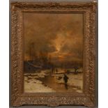 Ludwig Munthe (1841-1896). Winterlandschaft mit Personen am Bach, im Hintergrund Gebäude. Öl/Holz,