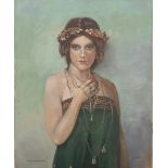 K. Olsen (Maler des 20. Jhs.). Damenporträt mit Halsschmuck und Haarkranz. Öl/Lw., re./u./sign.,