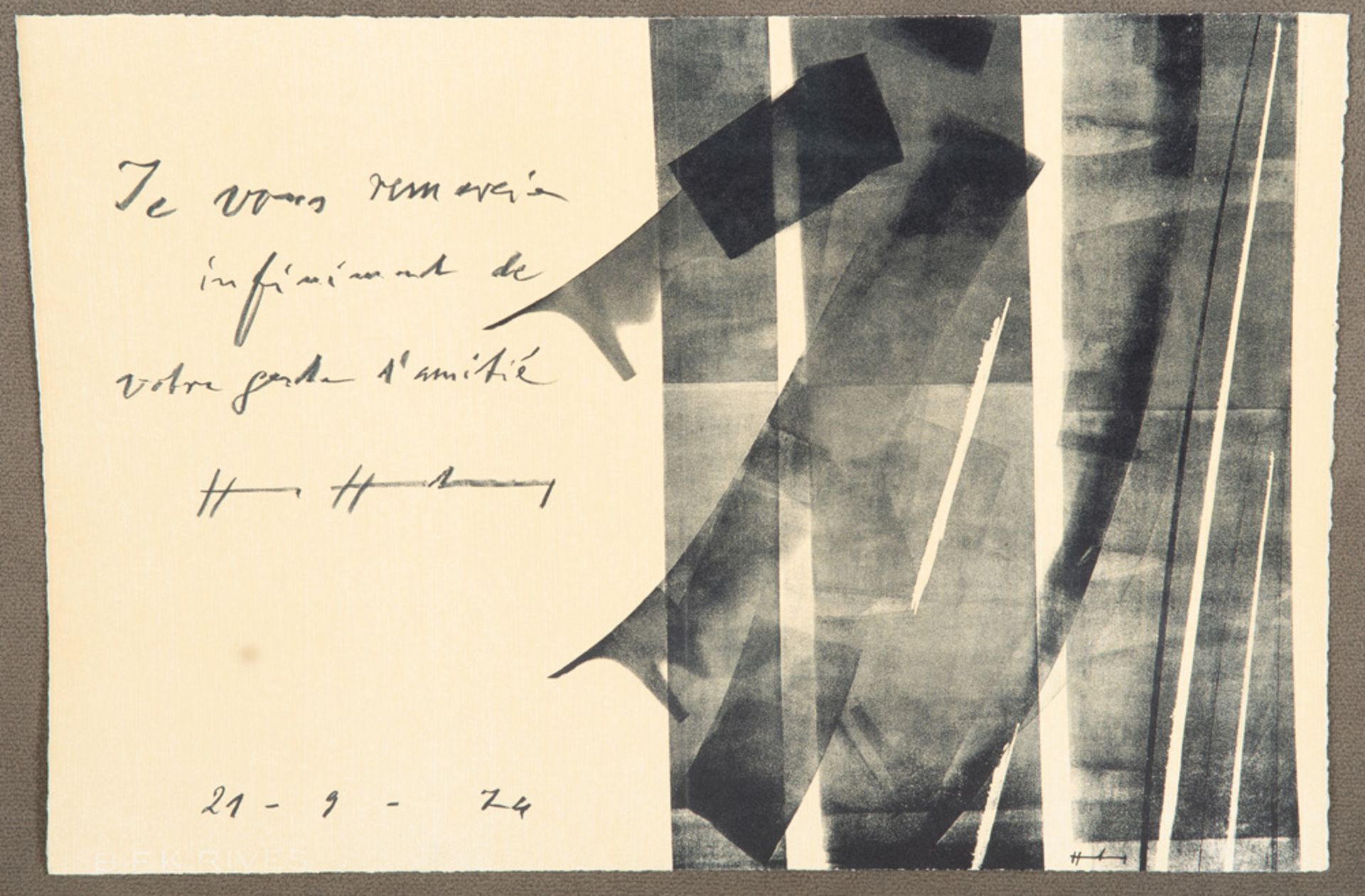 Hans Hartung (1904-1989). Abstrakte Komposition mit Widmung. Lithographie, li./u./sign./dat. (19)74,