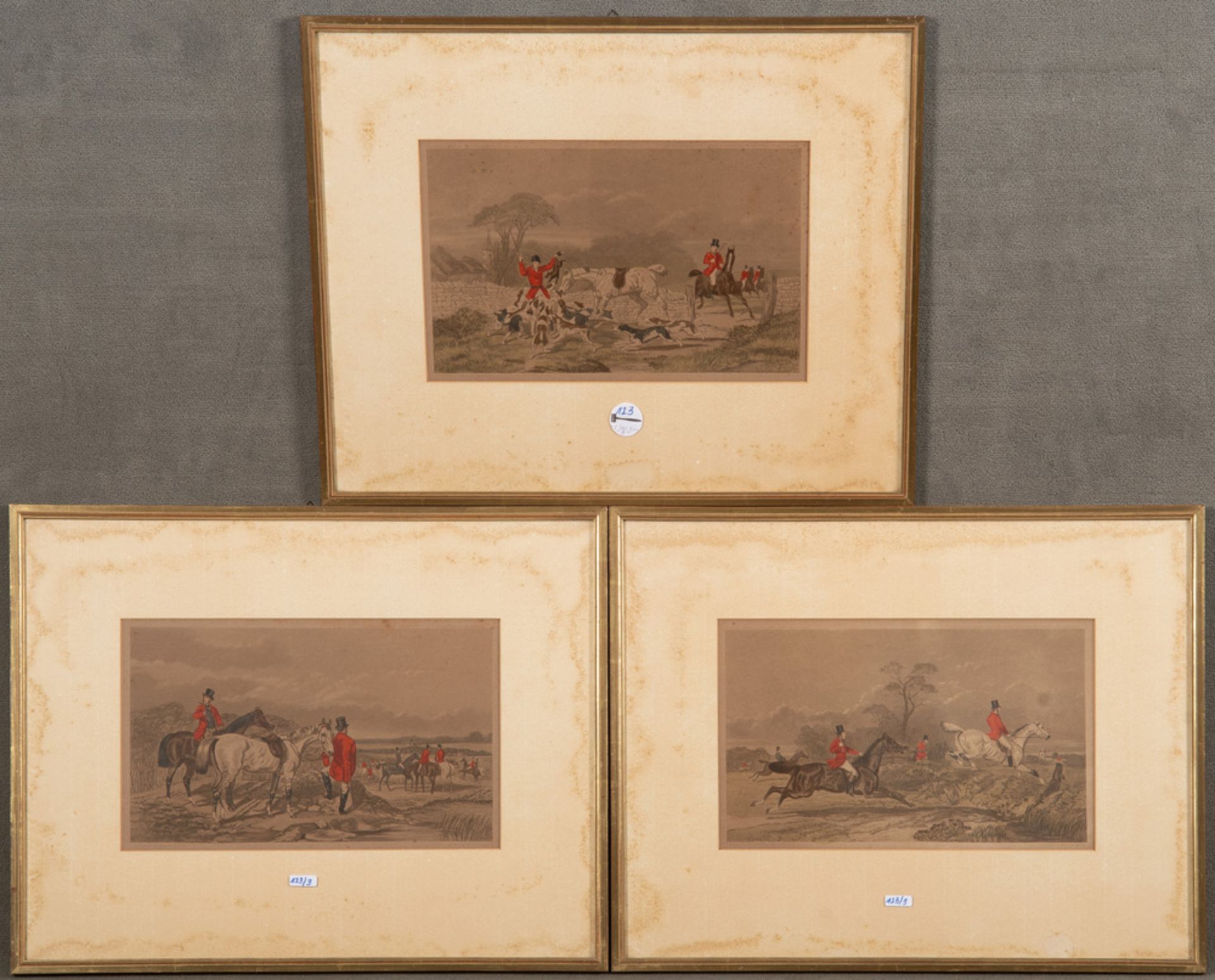 John Frederick I Herring (1795-1836). Treibjagd-Szenen. Drei colorierte Stahlstiche, li./u./sign.,