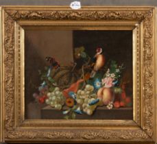 Maler des 19. Jhs. Stillleben mit Obst, Blumen, Insekten und Vogel. Öl/Lw., gerahmt, 35 x 42 cm.