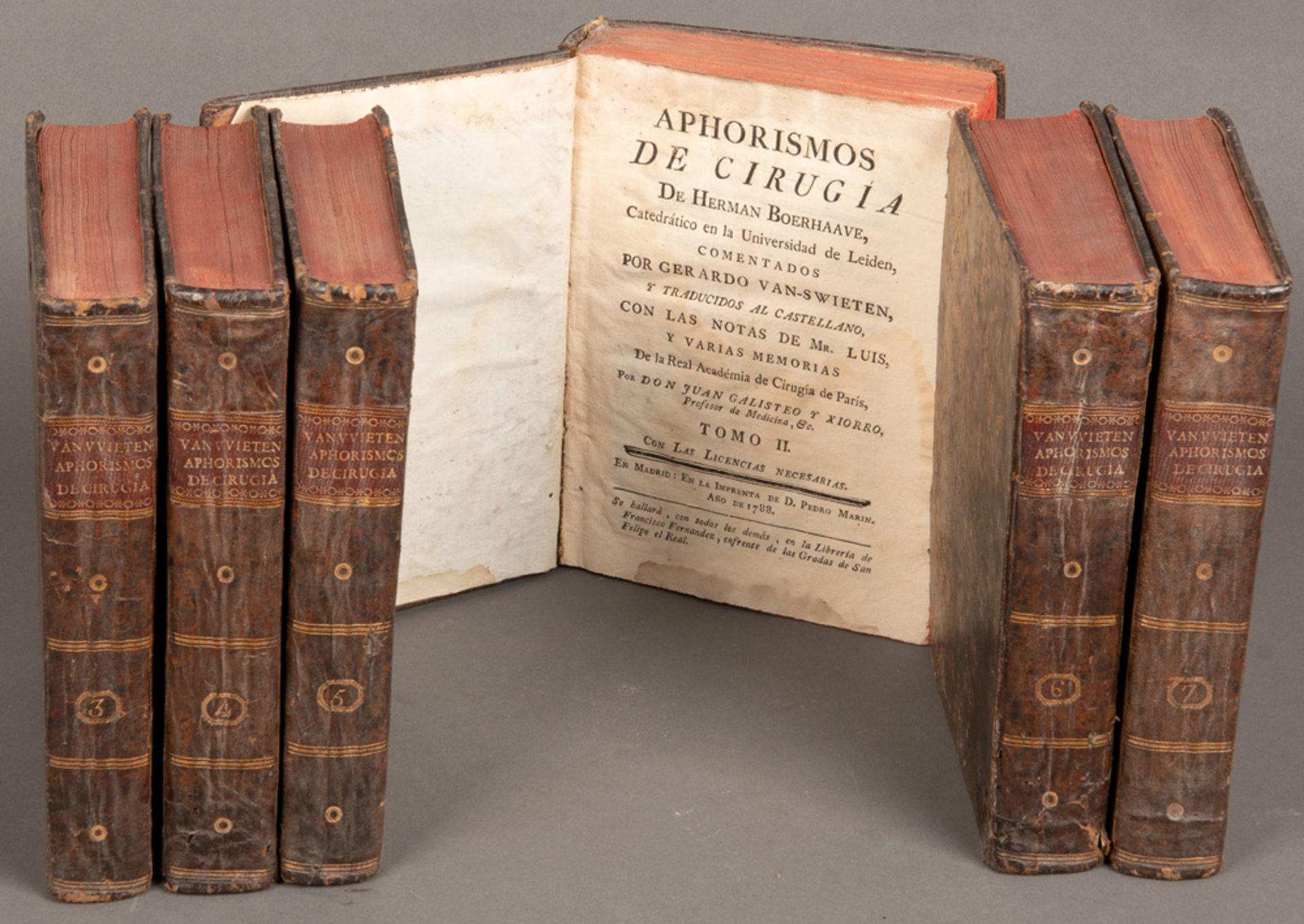 Herman Boerhaave, „Aphorismos de Cirugia“, in spanischer Sprache, sechs Bde., Madrid 1784.