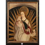 Maler des 16. Jhs. Strahlenkranzmadonna mit Christuskind. Öl/Holz, gerahmt, 75,5 x 55,5 cm. (min.