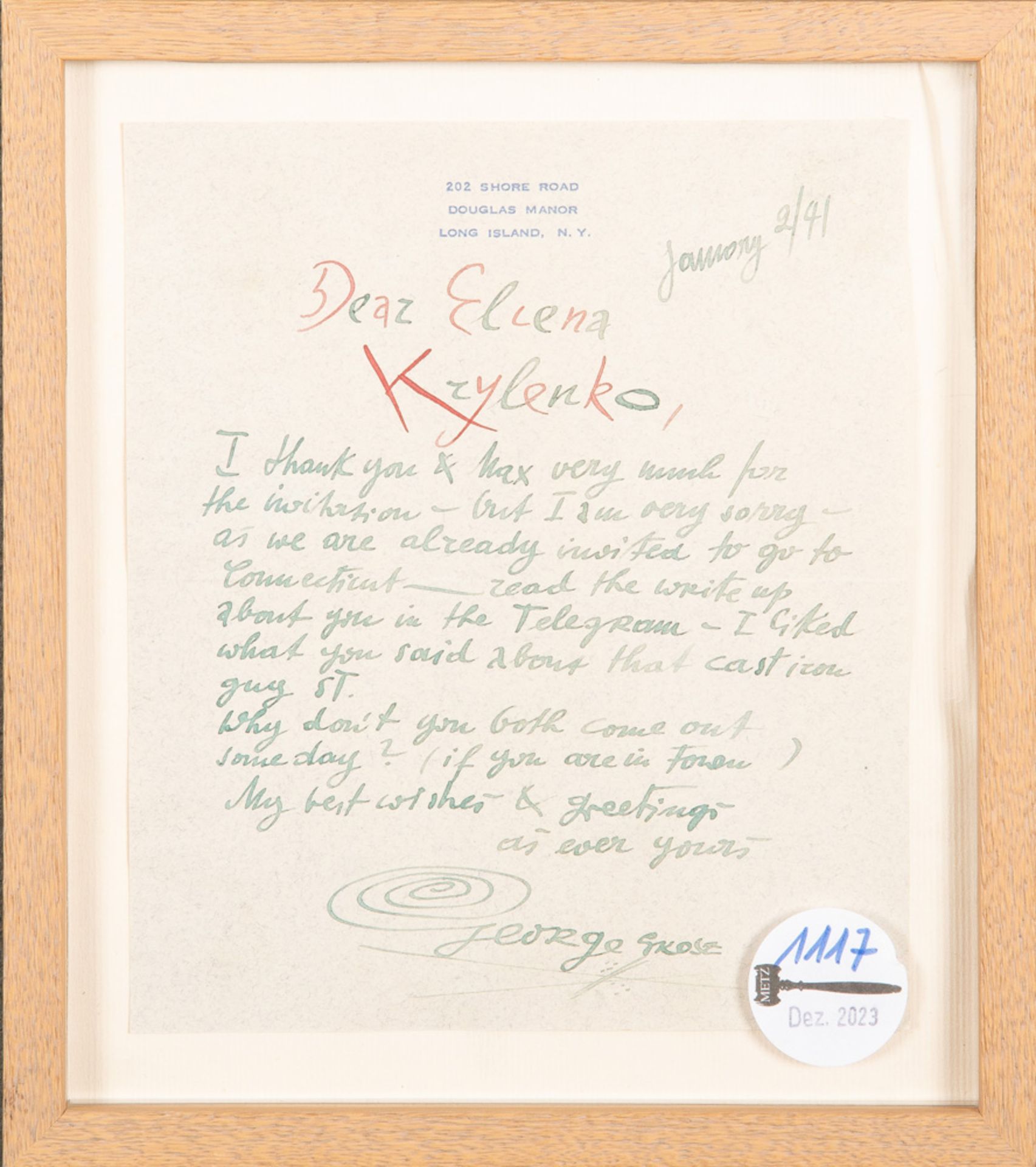 George Grosz (1893-1959). Original-Brief an Eliena Krylenko mit Unterschrift, sign./ dat. „January