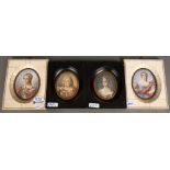 Vier Porträt-Miniaturen. Deutsch 19. Jh. Bunt bemalt mit Puderfarben, unter Glas gerahmt, 12,5 x