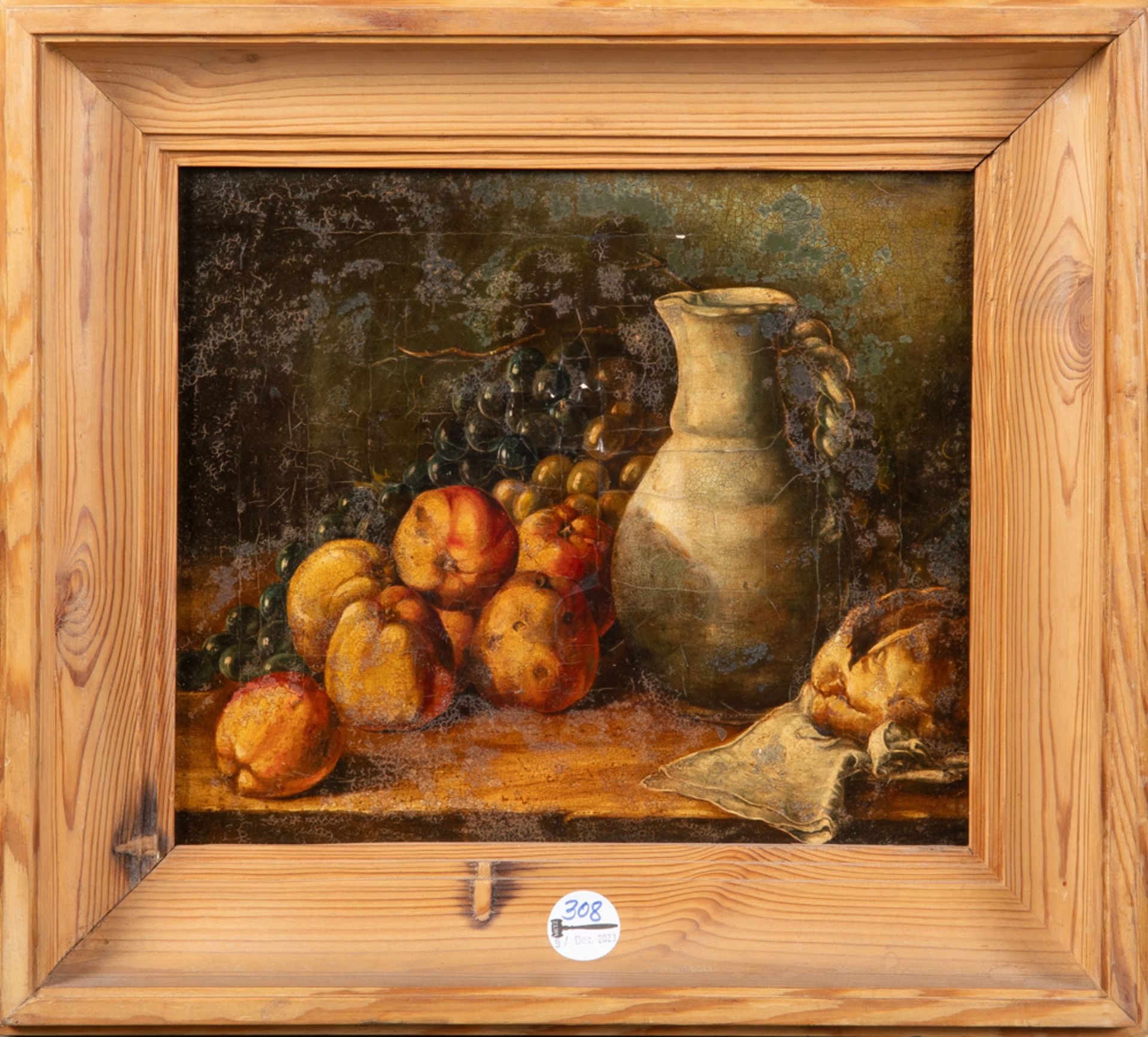 Maler des 19. Jhs. Stillleben mit Früchten und Krug auf Tisch. Öl/Lw., gerahmt, 31 x 36 cm.