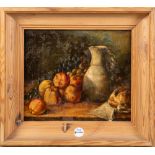 Maler des 19. Jhs. Stillleben mit Früchten und Krug auf Tisch. Öl/Lw., gerahmt, 31 x 36 cm.