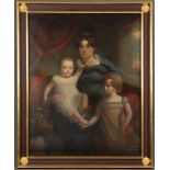Maler des 19. Jhs. Porträt einer Mutter mit zwei Kindern. Öl/Lw., doubliert, gerahmt, 127 x 101