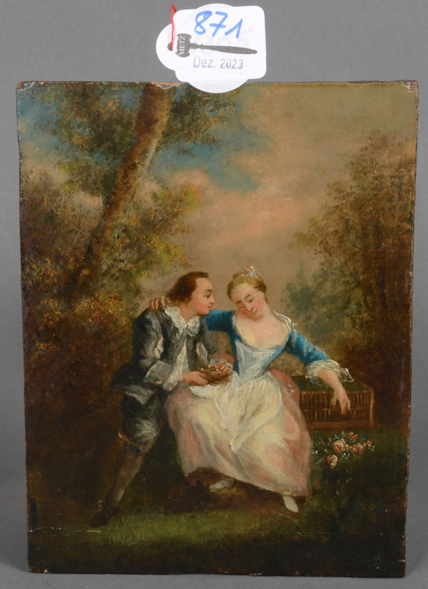 Französischer Maler des 19. Jhs. Verliebtes Pärchen auf einer Bank. Öl/Holz, ungerahmt, 18,5 x 14,
