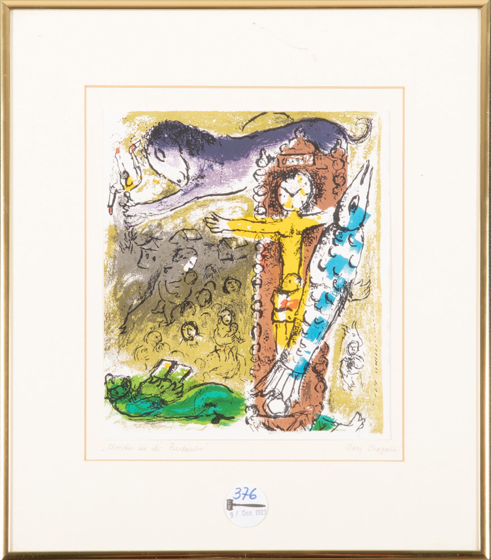 Nach Marc Chagalls „Christus in der Pendeluhr“. Farblithographie, li./u./bez., re./o. in der