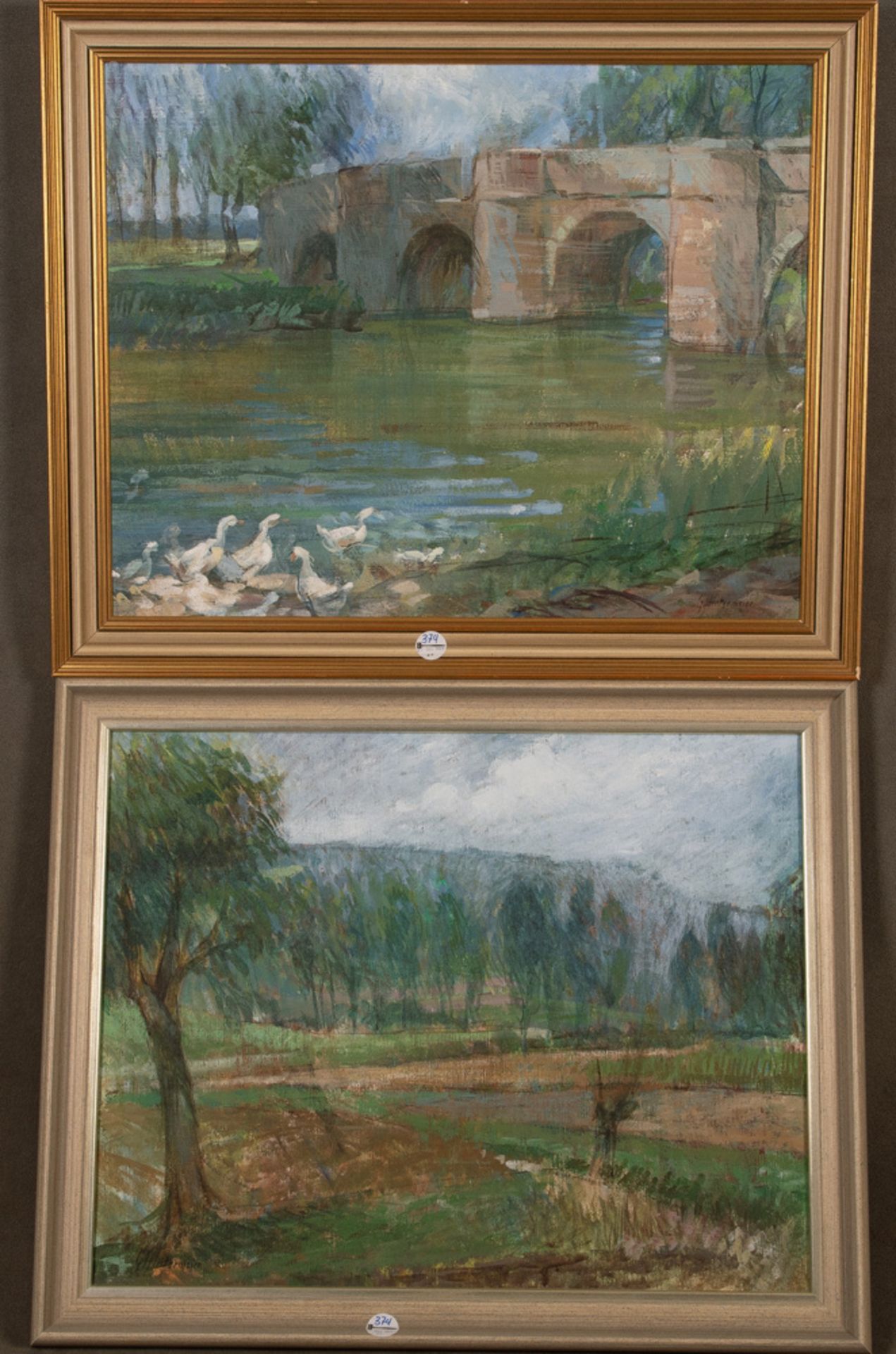Gerd Hintermeier (geb. 1942). Zwei Landschaften mit Brücke, Bäumen und Bergen im Hintergrund. Öl/