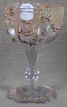 Jugendstil-Pokal. Nancy, Émile Gallé um 1900. Farbloses Glas, farbig emailliert mit Floraldekor