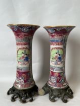 A pair of Chinese cooper mounted gu-type vases, QianLong Pr.